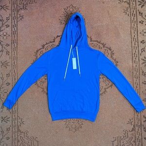 Blue hoodie with drawstrings
